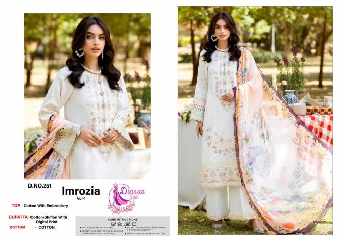 Imrozia Vol 1 By Dinsaa Cotton Embroidery Pakistani Suits Wholesale Market In Surat